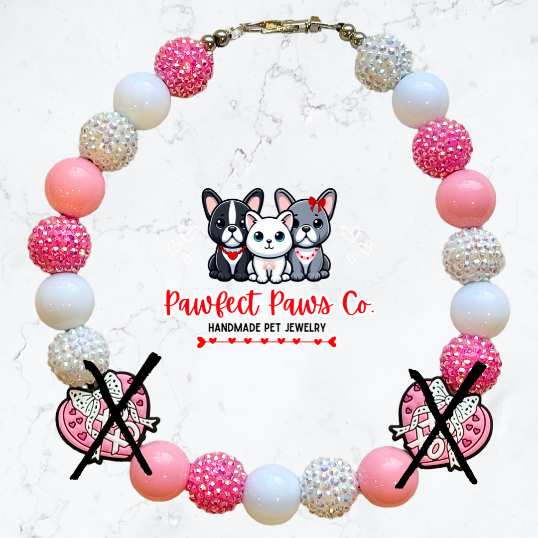 Bows & Xo’s * Pink & White Sparkle Valentines Day Heart Custom Beaded Dog/Cat Necklace!