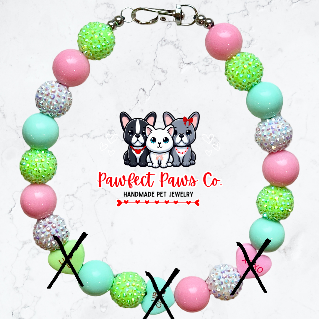 Sweetheart Sparkle* Pink, Blue, Green & White Sparkle Valentines Day Candy Hearts Custom Beaded Dog/Cat Necklace!