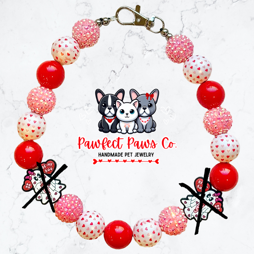 Don’t Ghost Me* Red & Pink Sparkle Valentines Day Ghost Custom Beaded Dog/Cat Necklace!