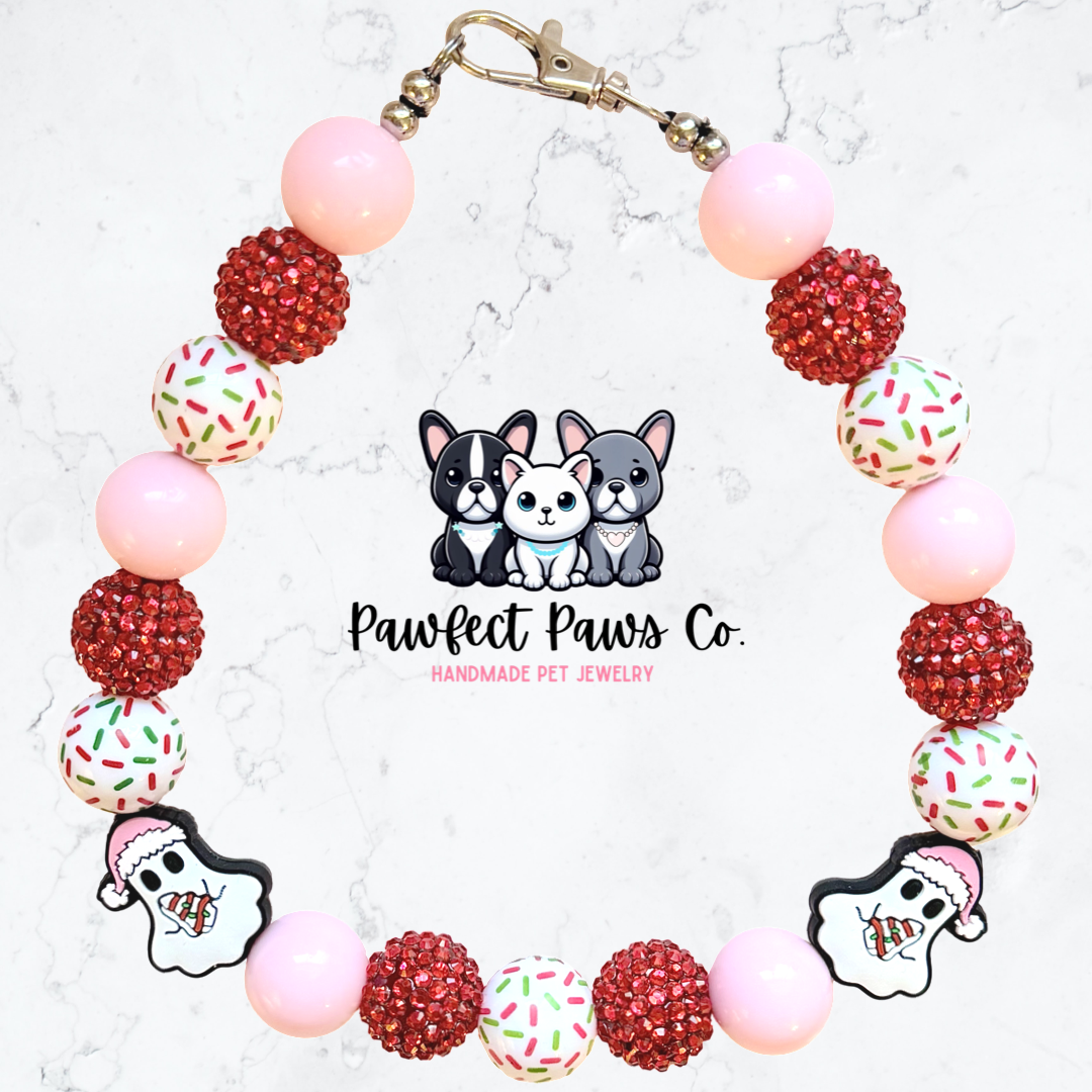 Haunted by Calories* Pink & Red Winter Snack Custom Beaded Dog/Cat Necklace!