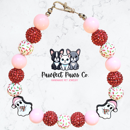 Haunted by Calories* Pink & Red Winter Snack Custom Beaded Dog/Cat Necklace!