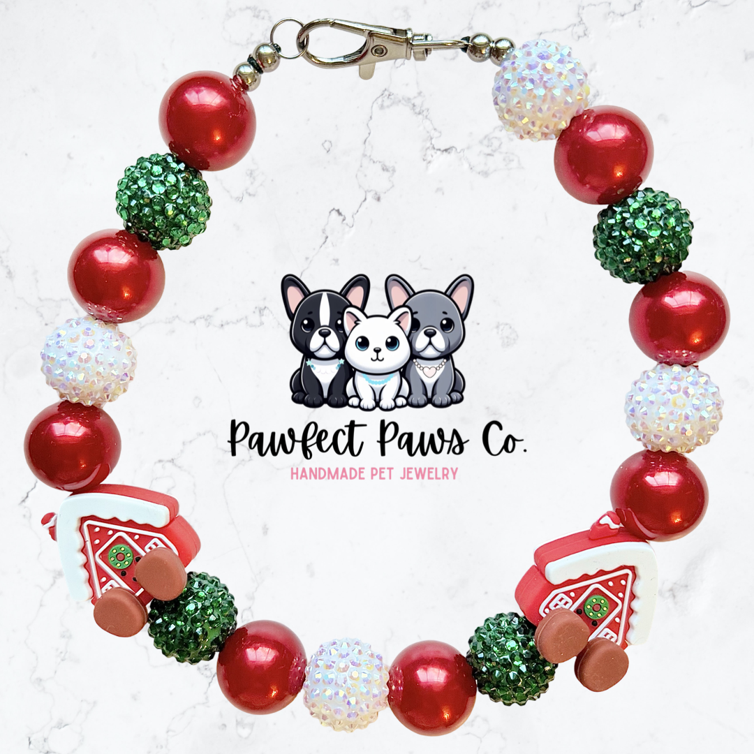 Cozy Cabin* Red, White & Green Sparkle Christmas Gingerbread House Custom Beaded Dog/Cat Necklace!