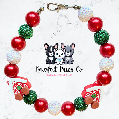 Cozy Cabin* Red, White & Green Sparkle Christmas Gingerbread House Custom Beaded Dog/Cat Necklace!