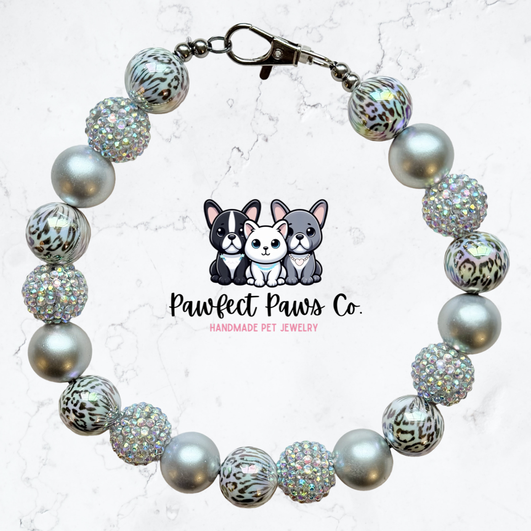 Snow Leopard* White & Silver Sparkle Christmas Custom Beaded Dog/Cat Necklace!
