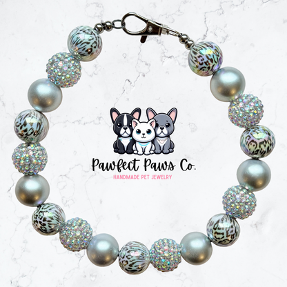 Snow Leopard* White & Silver Sparkle Christmas Custom Beaded Dog/Cat Necklace!