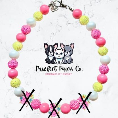 3 Little Birds* White, Pink & Yellow Sparkle Custom Beaded Dog/Cat Necklace for @TheMemphisCream’s Birthday Pawty!