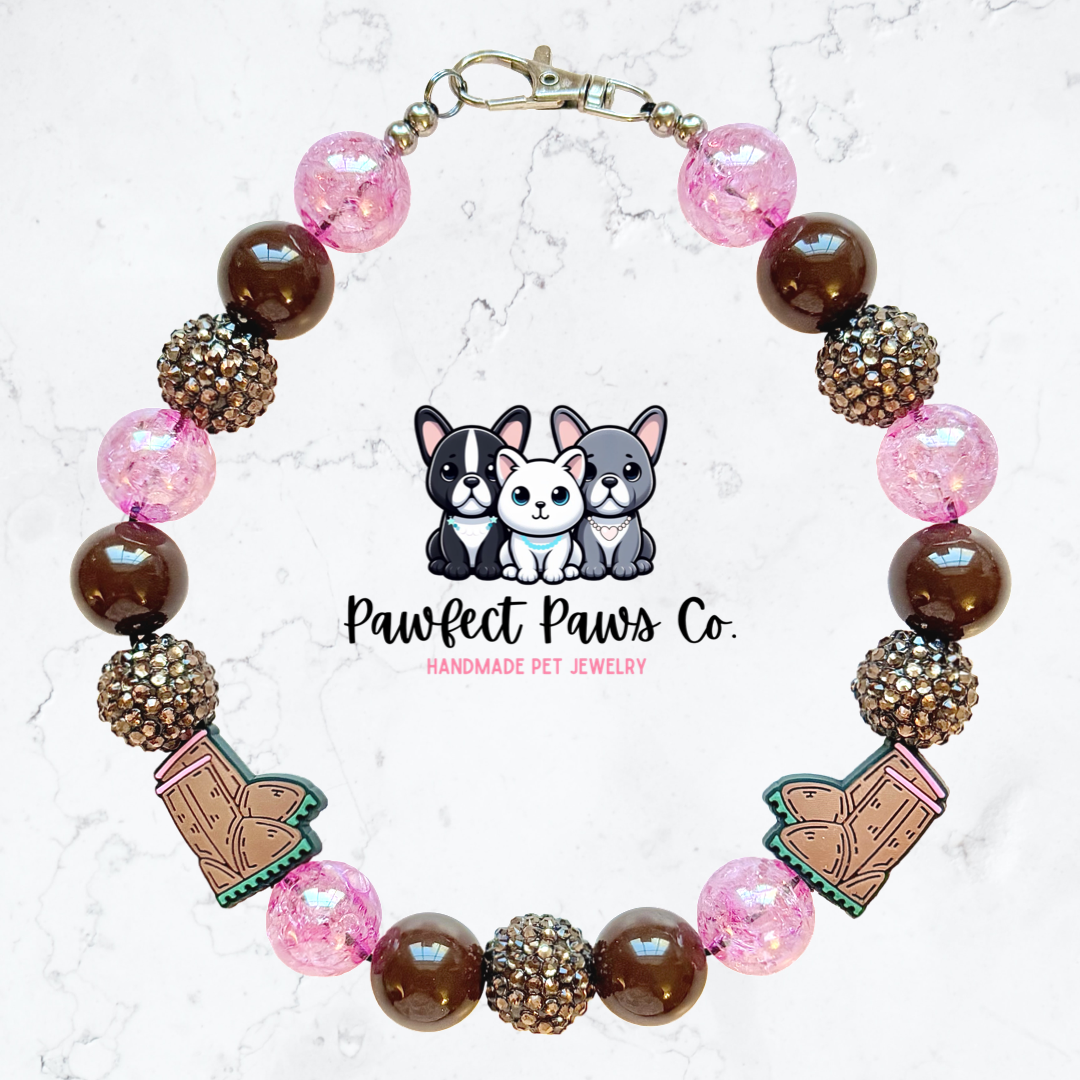 Winter Boots* Pink & Brown Sparkle Custom Beaded Dog/Cat Necklace!