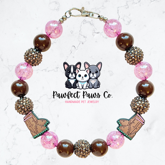 Winter Boots* Pink & Brown Sparkle Custom Beaded Dog/Cat Necklace!