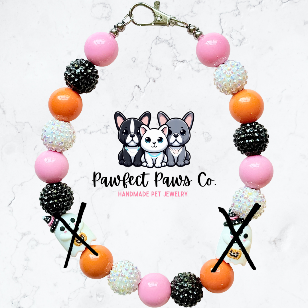 Ghouly Shop* Pink, Orange, Black & White Sparkle Ghost Face Custom Beaded Dog/Cat Necklace!