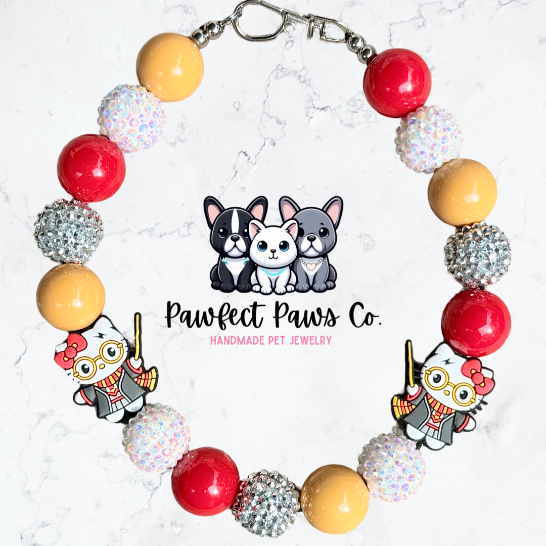 Hello Potter* Tan, Red, White & Silver Hello Kitty Custom Beaded Dog/Cat Necklace!