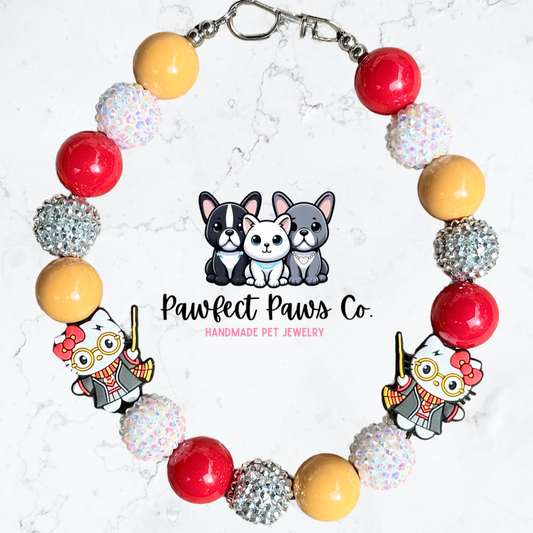 Hello Potter* Tan, Red, White & Silver Hello Kitty Custom Beaded Dog/Cat Necklace!