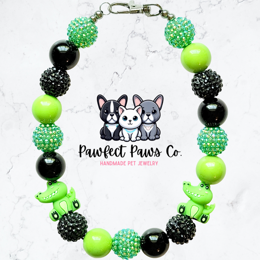 Later Gator* Green & Black Sparkle Aligator Custom Beaded Dog/Cat Necklace!