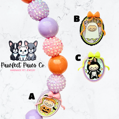 Spooky Labubu* Orange, Pink & Purple Sparkle Labubu Halloween Custom Beaded Dog/Cat Necklace! Choose from 3 styles!