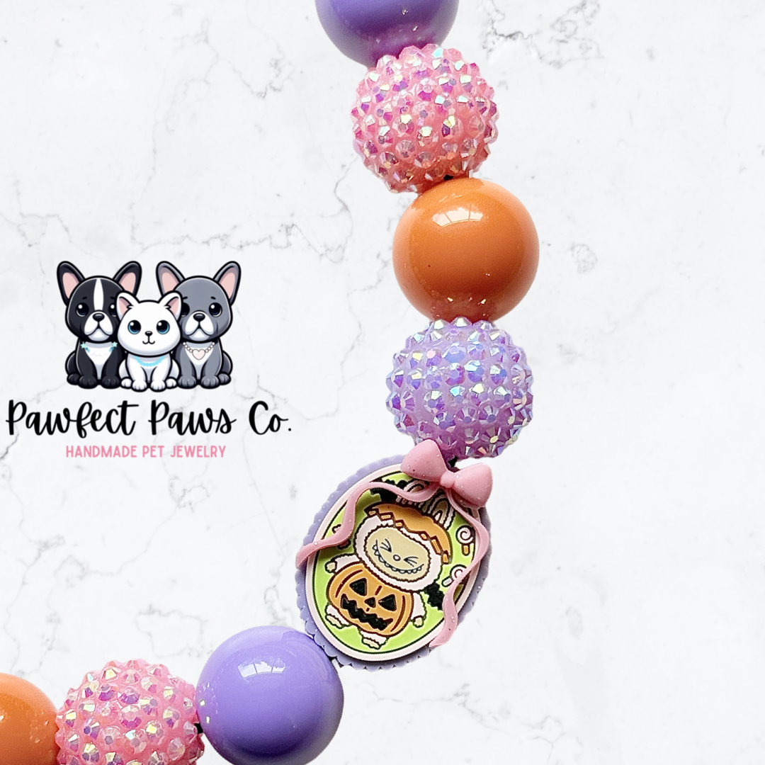 Spooky Labubu* Orange, Pink & Purple Sparkle Labubu Halloween Custom Beaded Dog/Cat Necklace! Choose from 3 styles!