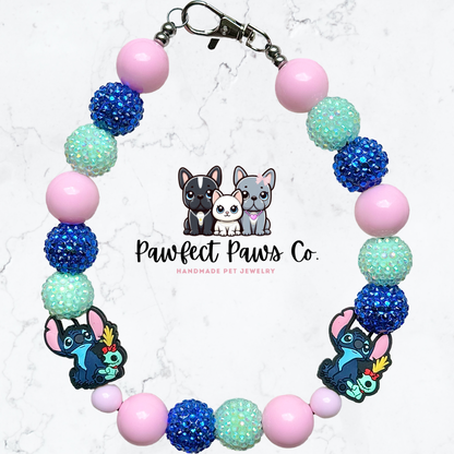 ¡Collar para perro o gato con cuentas personalizado Ohana* Hawaiian Stitch &amp; Scrump en color rosa, azul y verde azulado brillante!