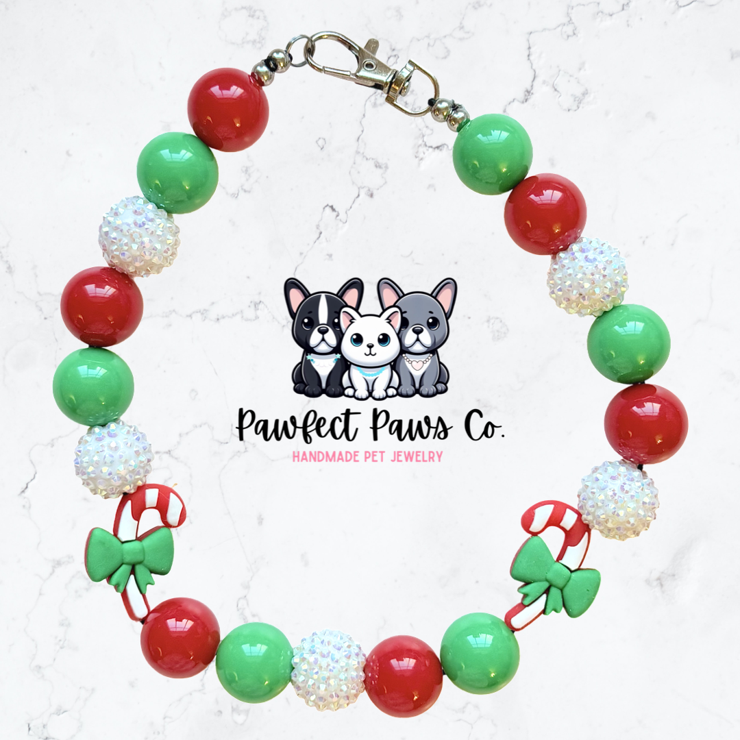 Coquette Candy* Green, Red & White Sparkle Candy Cane Christmas Custom Beaded Dog/Cat Necklace!
