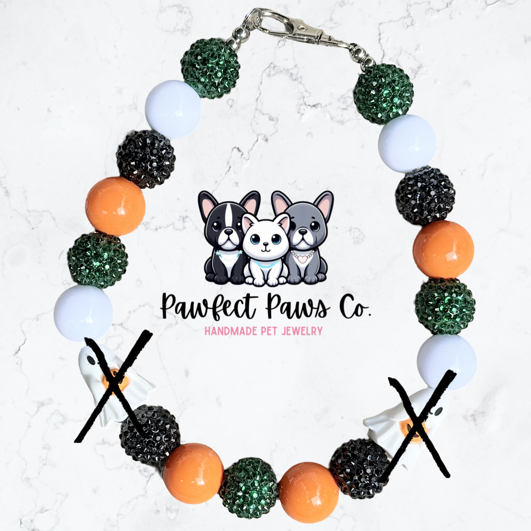 Boos & Treats* White, Orange, Green & Black Sparkle Ghost Halloween Custom Beaded Dog/Cat Necklace!