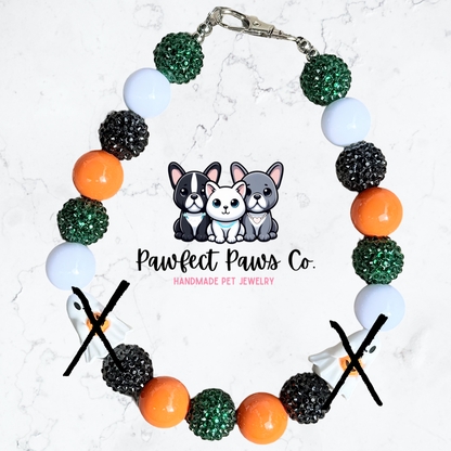 Boos & Treats* White, Orange, Green & Black Sparkle Ghost Halloween Custom Beaded Dog/Cat Necklace!