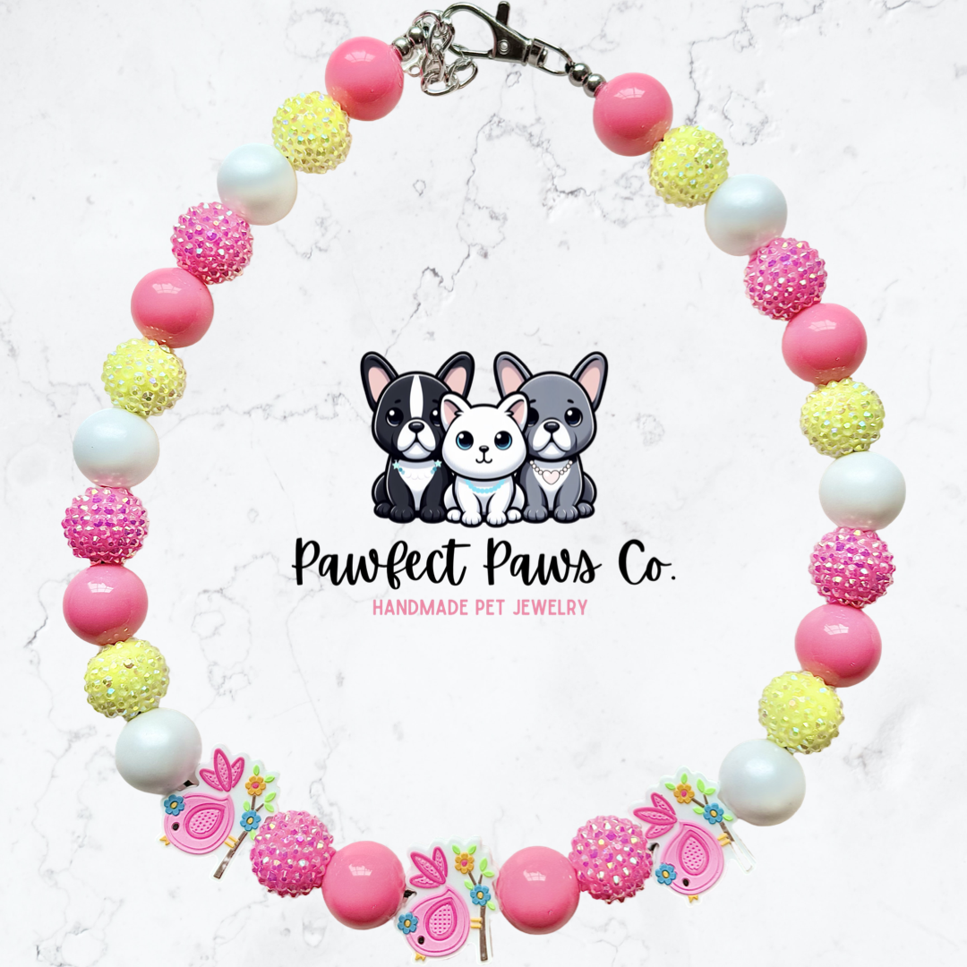 3 Little Birds* White, Pink & Yellow Sparkle Custom Beaded Dog/Cat Necklace for @TheMemphisCream’s Birthday Pawty!