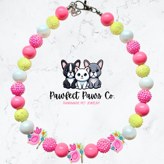 3 Little Birds* White, Pink & Yellow Sparkle Custom Beaded Dog/Cat Necklace for @TheMemphisCream’s Birthday Pawty!