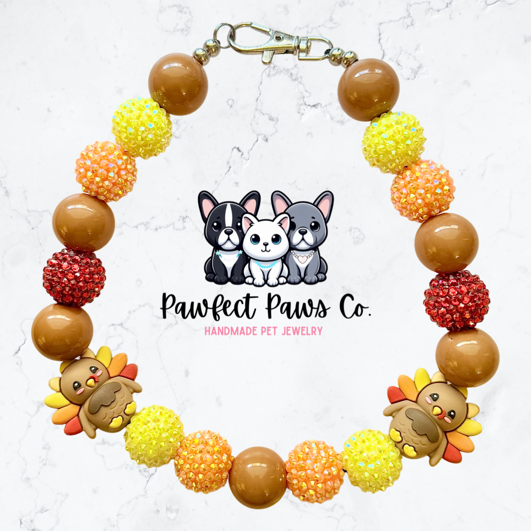 Turkey Time* Orange & Red Sparkle Turkey Thanksgiving Custom Beaded Dog/Cat Necklace!