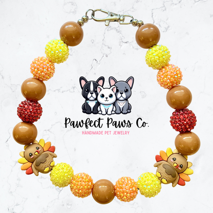 Turkey Time* Orange & Red Sparkle Turkey Thanksgiving Custom Beaded Dog/Cat Necklace!