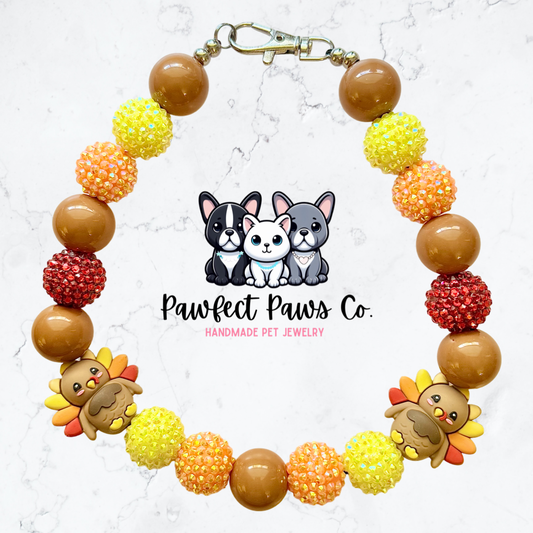 Turkey Time* Orange & Red Sparkle Turkey Thanksgiving Custom Beaded Dog/Cat Necklace!
