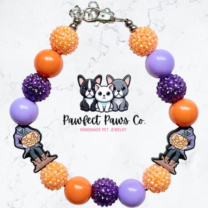 Sleepy Hollow* Purple & Orange Sparkle Headless Horseman Custom Beaded Dog/Cat Necklace!