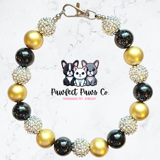 Golden Glam* Black, Gold & Silver Sparkle New Years Eve Custom Beaded Dog/Cat Necklace!