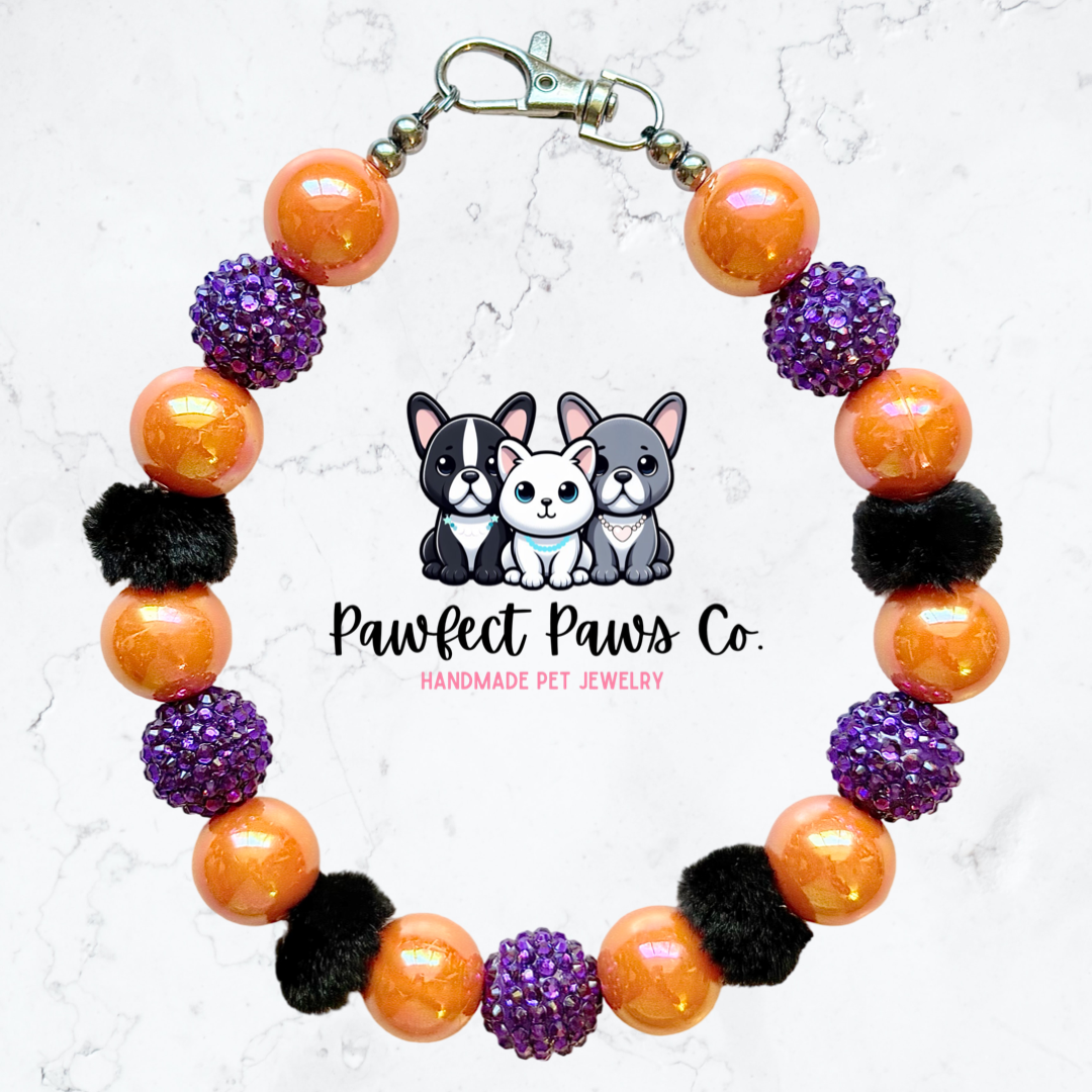 Wicked* Orange & Purple Sparkle with Black Fur Beads Halloween Custom Beaded Dog/Cat Collar Necklace!