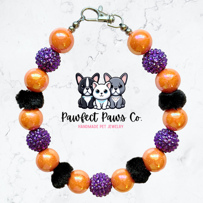 Wicked* Orange & Purple Sparkle with Black Fur Beads Halloween Custom Beaded Dog/Cat Collar Necklace!