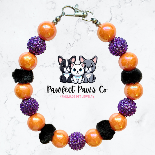 Wicked* Orange & Purple Sparkle with Black Fur Beads Halloween Custom Beaded Dog/Cat Collar Necklace!