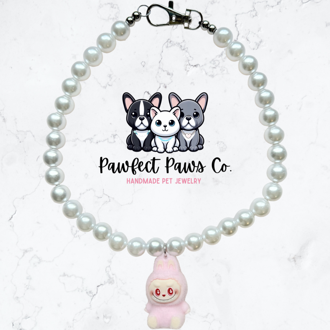 LaBujee Bling* Pearl with Labubu Hanging Charm Custom Beaded Dog/Cat Collar Necklace!