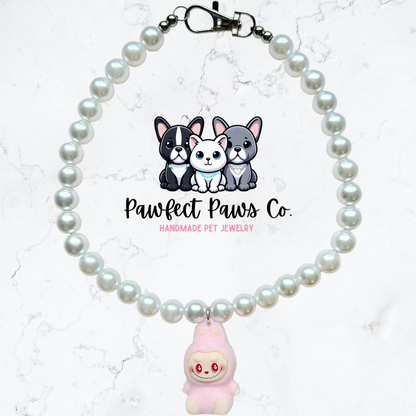 LaBujee Bling* Pearl with Labubu Hanging Charm Custom Beaded Dog/Cat Collar Necklace!