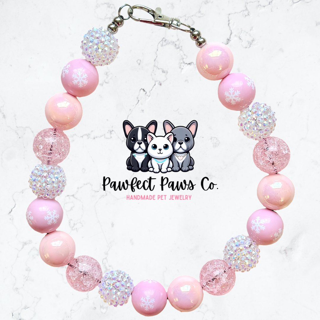 Pink Storm* Pink & White Sparkle Winter Snow Custom Beaded Dog/Cat Necklace!h
