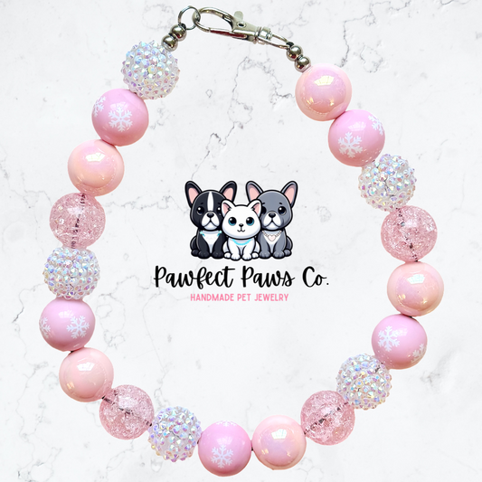 Pink Storm* Pink & White Sparkle Winter Snow Custom Beaded Dog/Cat Necklace!h