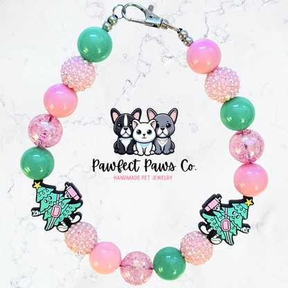 Jolly & Caffeinated* Pink & Green Christmas Tree Sparkle Custom Beaded Dog/Cat Necklace!