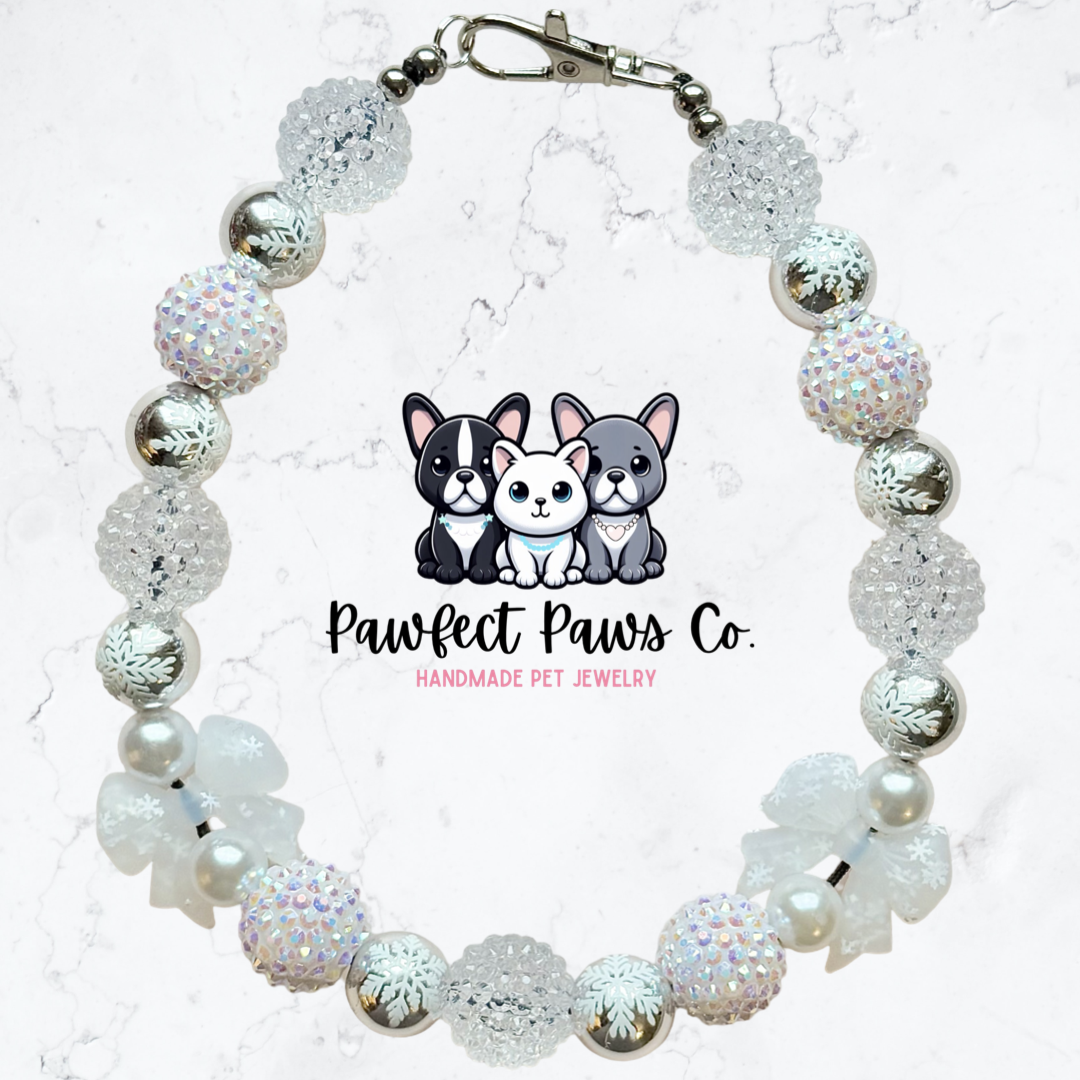 Snow Girly* White & Silver Sparkle Christmas Bow Custom Beaded Dog/Cat Necklace!