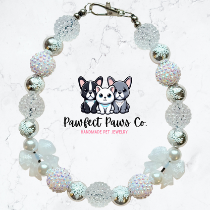 Snow Girly* White & Silver Sparkle Christmas Bow Custom Beaded Dog/Cat Necklace!