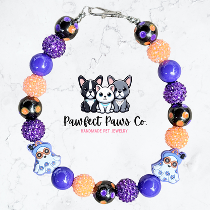 Boo-Berry Sparkle* Purple & Orange Sparkle Ghost Halloween Custom Beaded Dog/Cat Necklace!