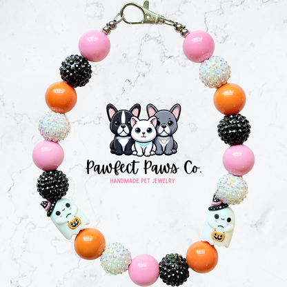 Ghouly Shop* Pink, Orange, Black & White Sparkle Ghost Face Custom Beaded Dog/Cat Necklace!