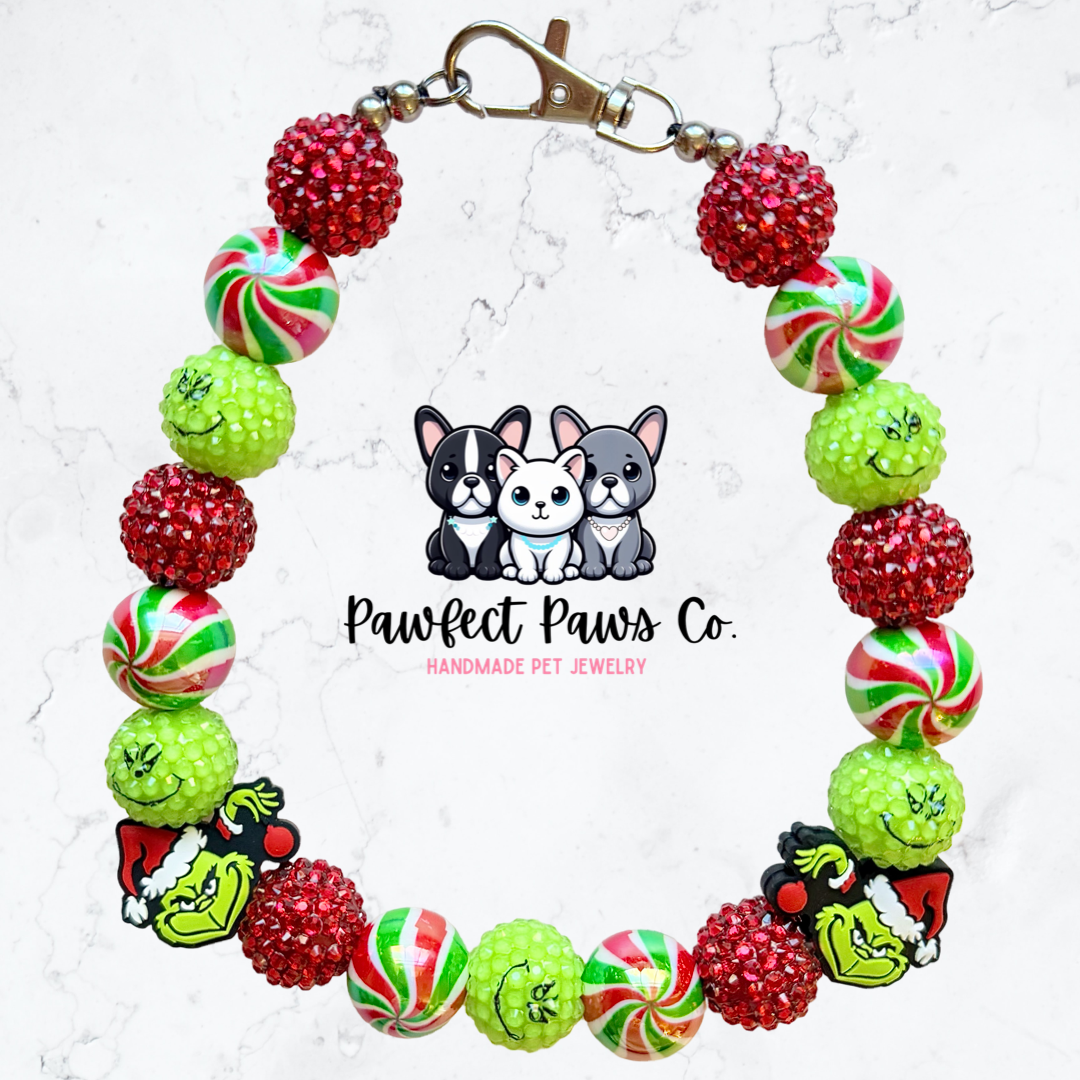 Don’t be a Grinch* Green & Red Sparkle Christmas Grinch Custom Beaded Dog/Cat Necklace!