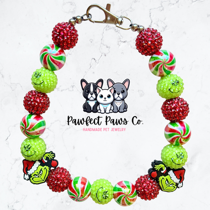 Don’t be a Grinch* Green & Red Sparkle Christmas Grinch Custom Beaded Dog/Cat Necklace!