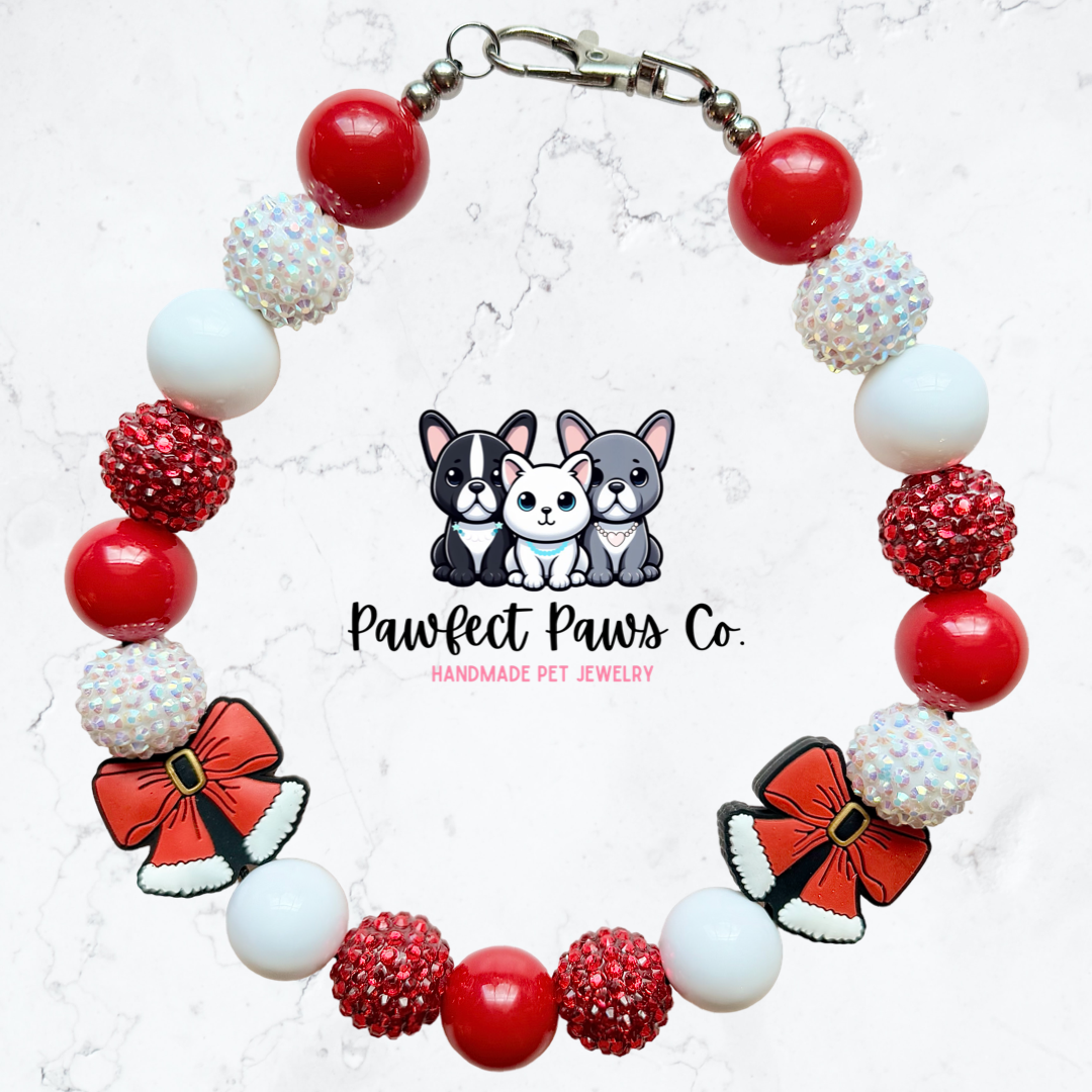 Coquette Claus* Red & White Sparkle Santa Bow Custom Beaded Dog/Cat Necklace!
