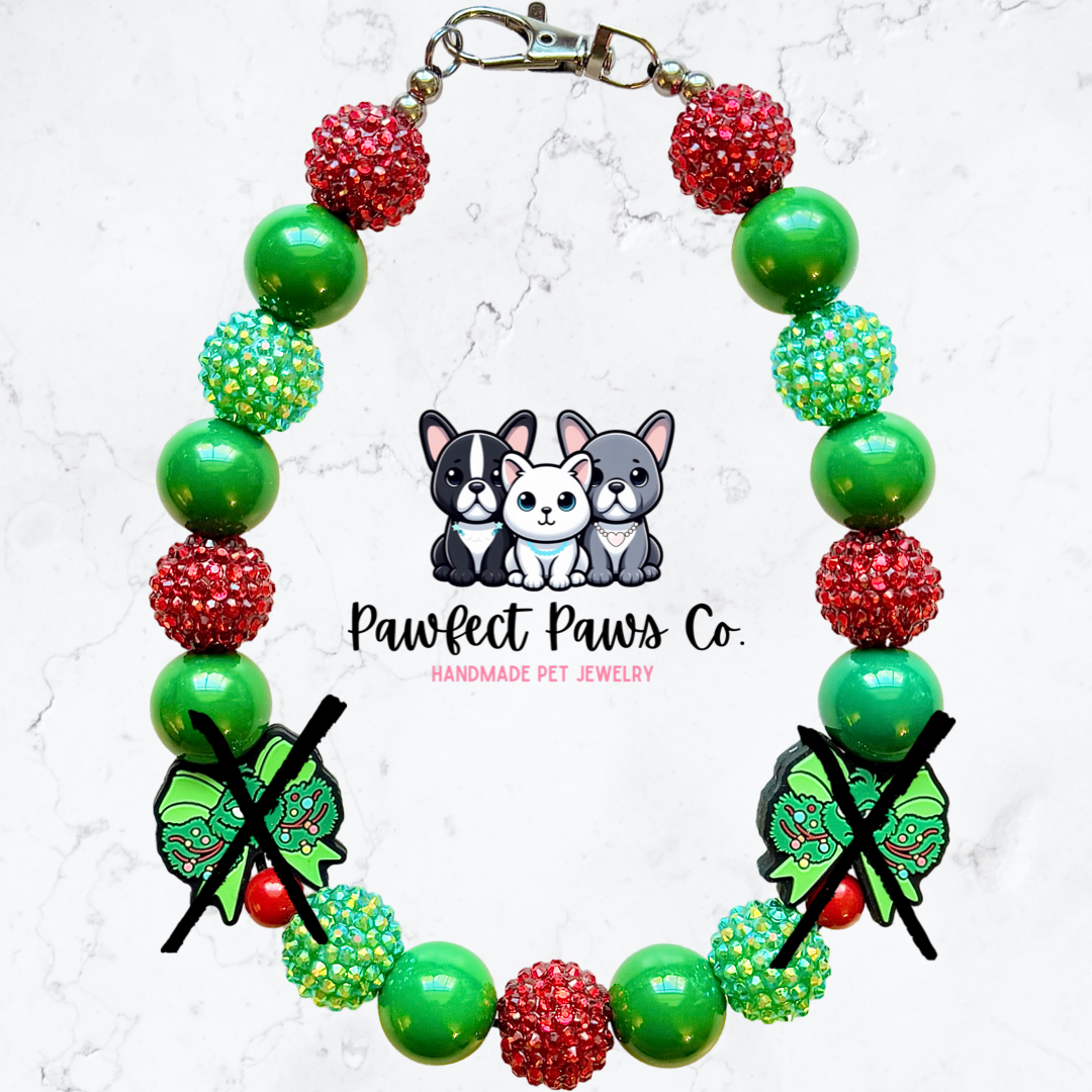 Grinchy Girly* Green & Red Sparkle Christmas Grinch Bow Custom Beaded Dog/Cat Necklace!