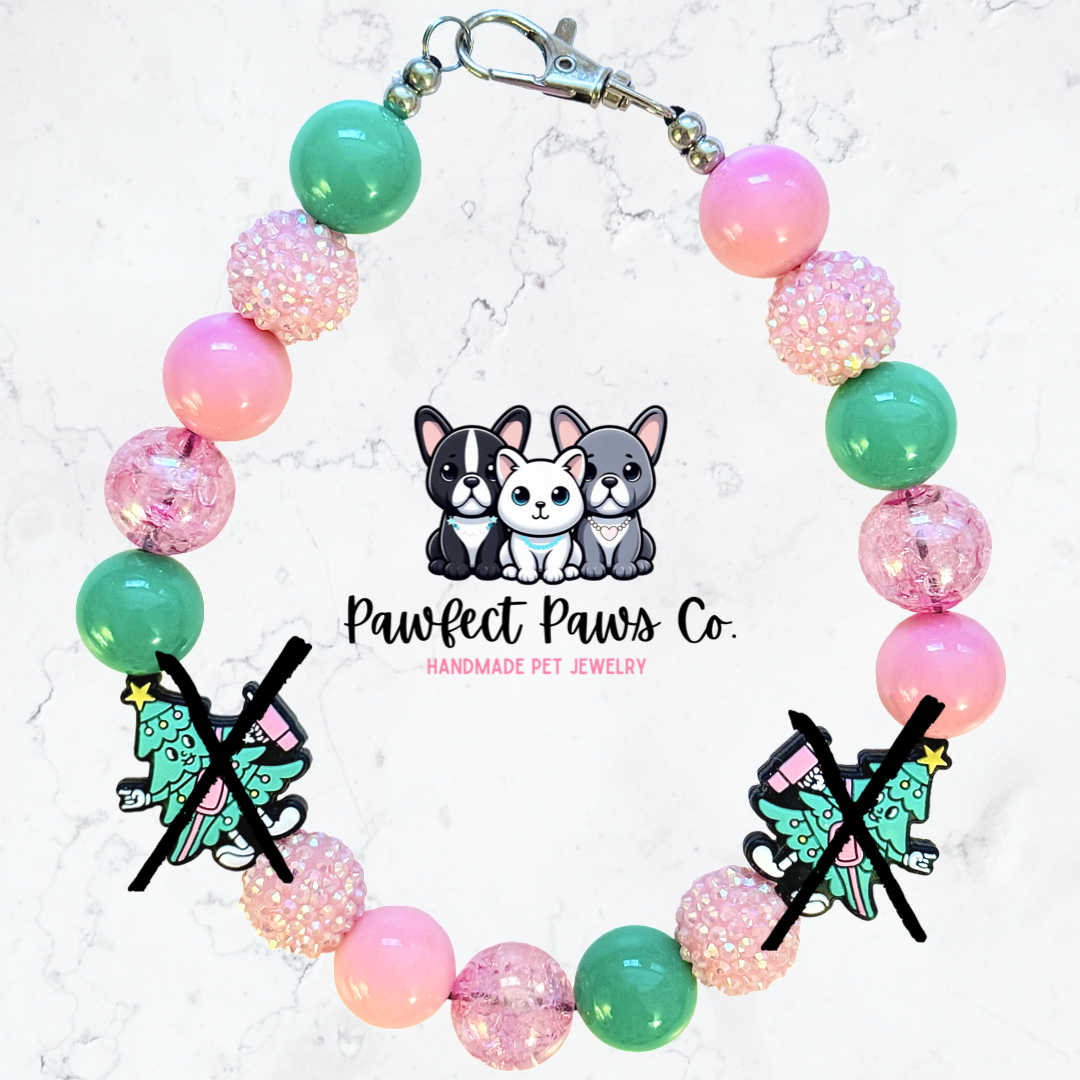 Jolly & Caffeinated* Pink & Green Christmas Tree Sparkle Custom Beaded Dog/Cat Necklace!