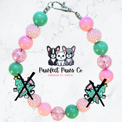 Jolly & Caffeinated* Pink & Green Christmas Tree Sparkle Custom Beaded Dog/Cat Necklace!