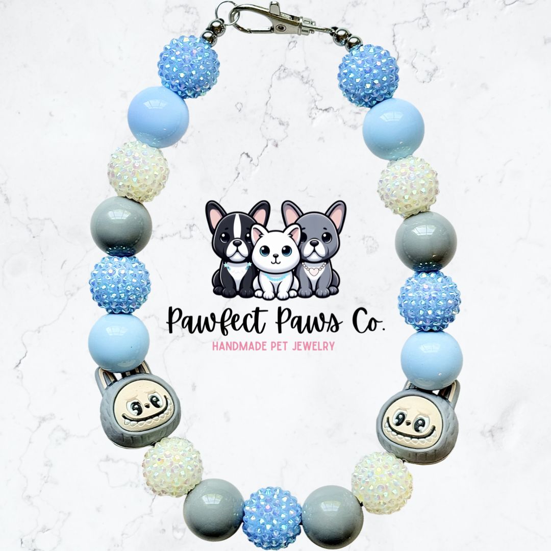 Labubu Love* Gray, Blue & White Sparkle Labubu Custom Beaded Dog/Cat Necklace!