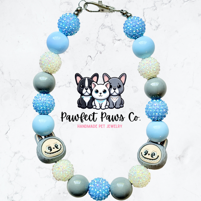 Labubu Love* Gray, Blue & White Sparkle Labubu Custom Beaded Dog/Cat Necklace!
