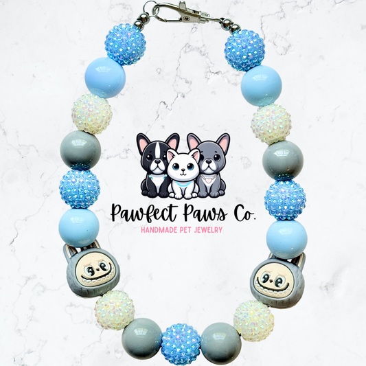 Labubu Love* Gray, Blue & White Sparkle Labubu Custom Beaded Dog/Cat Necklace!